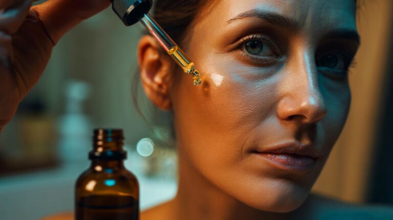 Illustration de l’application d’une huile de soin lissante aux rétinoïdes, au squalane et à la vitamine E sur le visage, alternative non chirurgicale pour lisser la peau