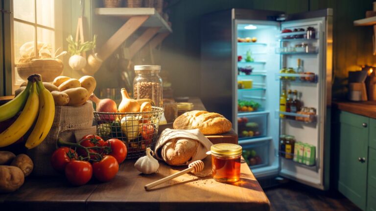 Illustration de la vraie méthode de conservation à température ambiante pour des aliments qui ne vont pas au réfrigérateur : tomates, bananes, pommes de terre, oignons, ail, pain, café et miel