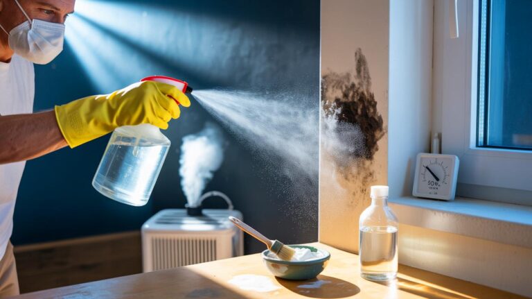 Illustration de l’élimination durable de la moisissure sur un mur sans repeindre grâce au peroxyde d’hydrogène et au bicarbonate de soude