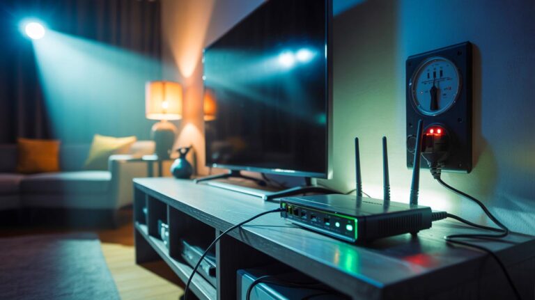 Illustration de la box internet, du décodeur TV et des répéteurs Wi‑Fi en veille qui augmentent la facture d’électricité