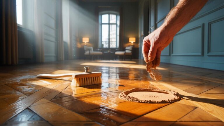 Illustration de l’utilisation de la terre de Sommières pour dégraisser et raviver un parquet à sec, par saupoudrage puis brossage.