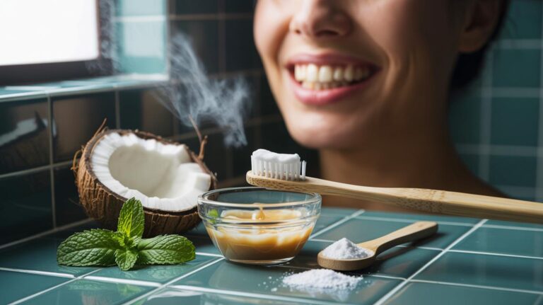 Illustration de la préparation naturelle au bicarbonate et à l’huile de coco pour blanchir les dents en une semaine