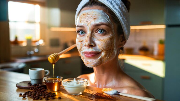 Illustration de l’application d’un masque antirides maison au yaourt, miel et café sur le visage