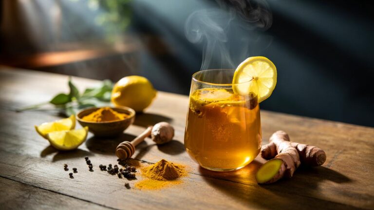 Illustration de boisson épicée au curcuma, gingembre, citron et poivre noir, destinée à soutenir naturellement le foie