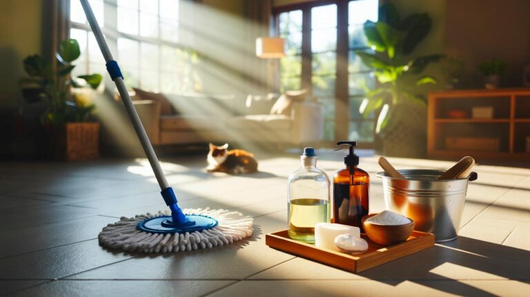 Illustration de nettoyage des sols en toute sécurité avec des ingrédients naturels (savon noir, vinaigre, bicarbonate) et une serpillière microfibre dans une maison bien aérée