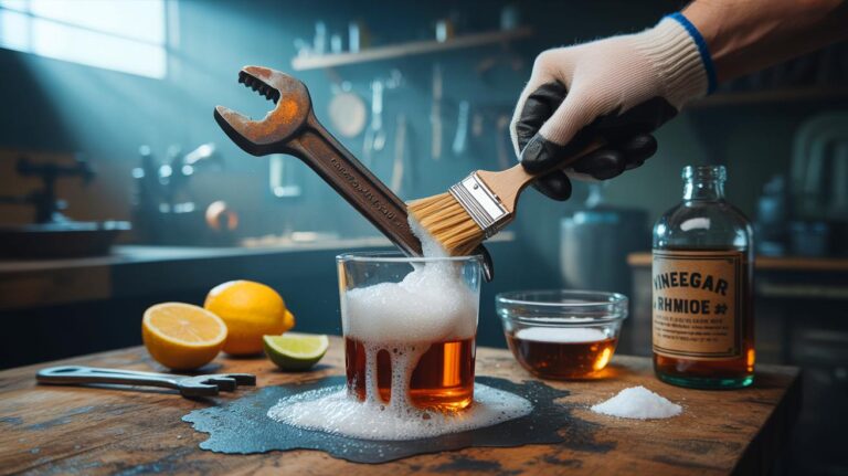 Illustration de l’application d’un mélange maison vinaigre-citron-sel pour supprimer instantanément la rouille sur une surface métallique