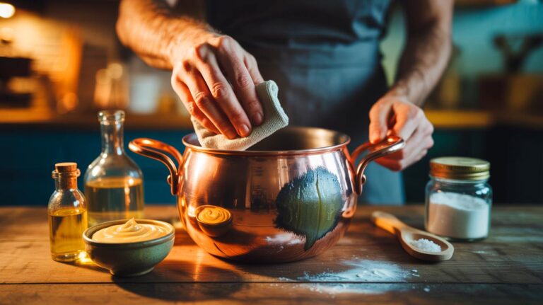 Illustration de l’application d’un mélange vinaigre-sel-farine pour polir un objet en cuivre avec un chiffon doux