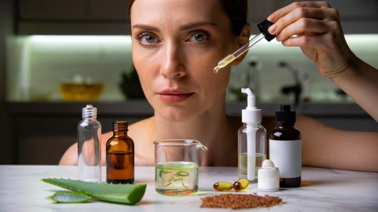 Illustration de la préparation et de l’application d’une recette maison anti-ridules à base d’aloe vera, gel de lin, glycérine et huile de rose musquée