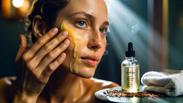 Illustration de l’huile de jojoba utilisée pour nettoyer la peau en profondeur à la place des démaquillants classiques