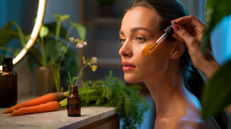 Illustration de l’utilisation de l’huile essentielle de carotte pour redonner de l’éclat au visage