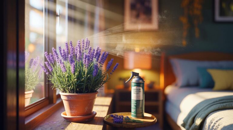 Illustration de lavande en pot placée près d’une fenêtre, alternative naturelle aux sprays chimiques, purifiant l’air intérieur et éloignant les acariens