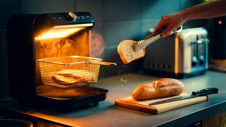 Illustration de tranches de pain croustillantes en une minute dans une friteuse à air, alternative au grille-pain