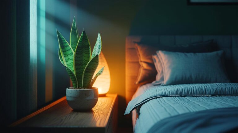 Illustration de Sansevieria dans une chambre à coucher, plante d’intérieur recommandée par les médecins pour un air plus sain et un sommeil apaisé