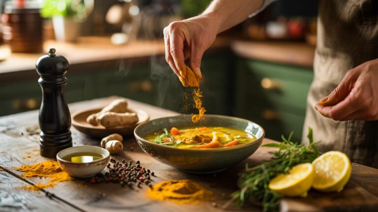 Illustration de l’ajout de curcuma en cuisine avec poivre noir pour renforcer l’immunité