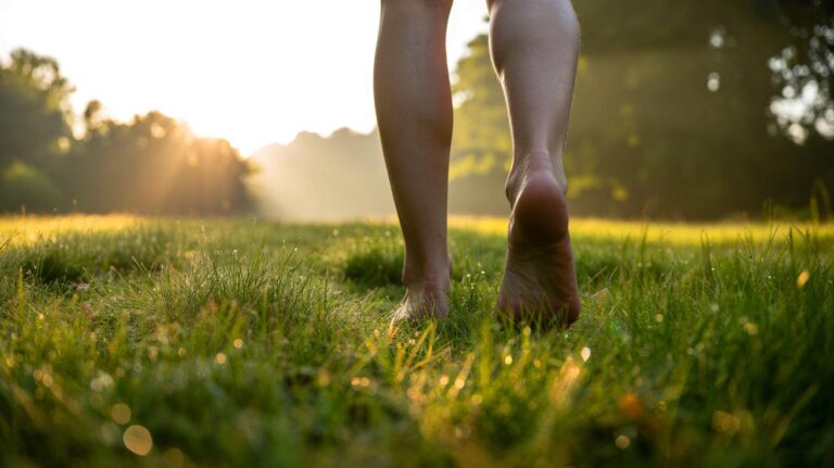 Illustration de la marche pieds nus sur l’herbe et de ses bienfaits pour le corps et l’esprit