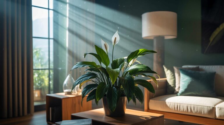 Illustration de l’installation d’un Spathiphyllum dans un salon pour améliorer la qualité de l’air intérieur