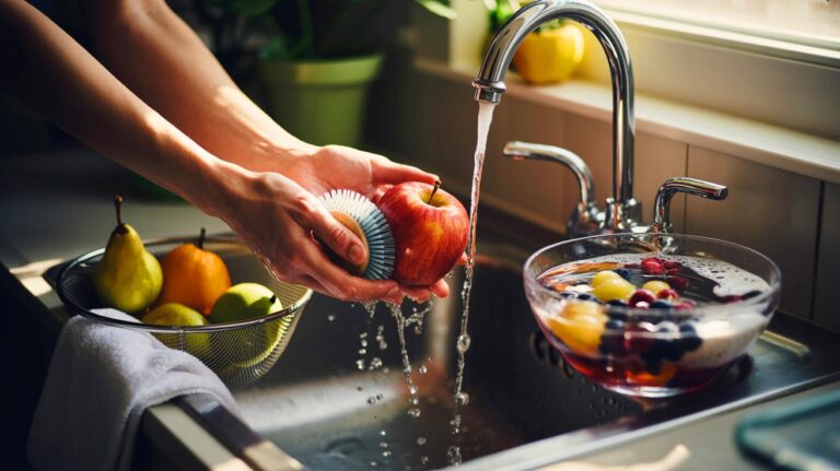 Illustration de rinçage des fruits avec friction sous l’eau et bain au bicarbonate, selon les recommandations des chercheurs