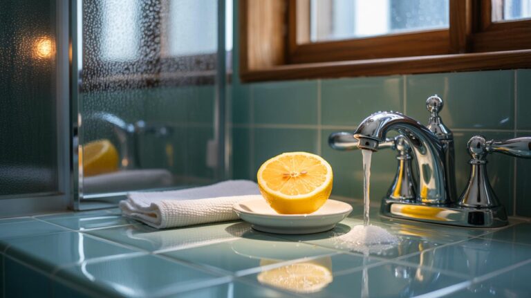 Illustration d’un citron coupé posé sur une coupelle dans une salle de bain, près d’un lavabo, pour désodoriser l’air et dissoudre le calcaire