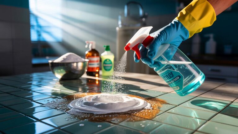 Illustration de l’utilisation par des experts du ménage d’un mélange anti-moisissure à base d’eau oxygénée, de bicarbonate et de liquide vaisselle sur des joints de carrelage