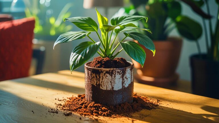 Illustration de plantes revitalisées grâce à un mélange de marc de café et de bicarbonate de soude (généré par IA). Credit: Ideogram.