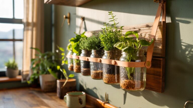 Illustration de jardinière murale en bocaux de verre upcyclés, maintenus par des sangles sur une planche en bois, avec plantes vertes