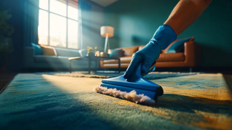 Illustration de la méthode sans aspirateur pour retirer la poussière d’un tapis en quelques secondes avec une raclette en caoutchouc
