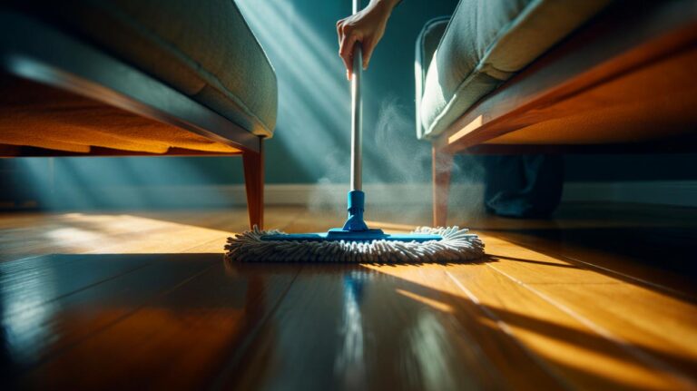 Illustration de l’élimination de la poussière sous les meubles sans aspirateur à l’aide d’un balai plat microfibre