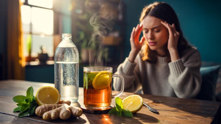 Illustration de la boisson naturelle gingembre-citron-menthe, sans aspirine, qui apaise les maux de tête en quelques minutes