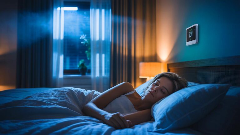 Illustration de la chambre à coucher réglée à 18 °C pour favoriser un sommeil profond sans effort
