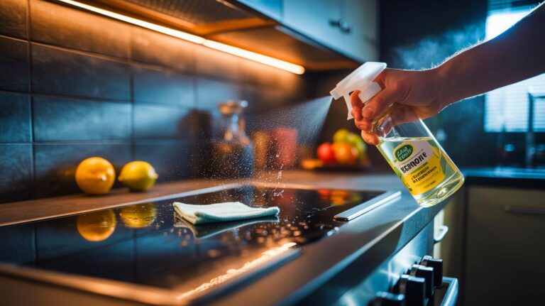 Illustration de la pulvérisation d’un spray naturel vinaigre–agrumes–alcool pour dégraisser une surface de cuisine sans produit ménager