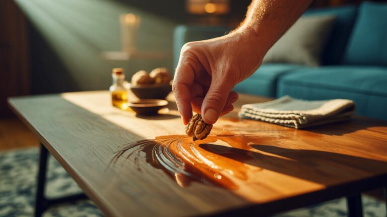 Illustration de la retouche d’une rayure sur un meuble en bois avec un cerneau de noix