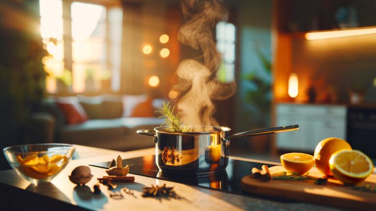 Illustration d’un pot-pourri à feu doux aux agrumes et aux épices parfumant naturellement la maison sans désodorisant