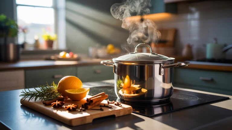 Illustration d’un pot frémissant d’agrumes, d’épices et d’herbes diffusant un parfum naturel dans la maison, sans désodorisant ni bougie