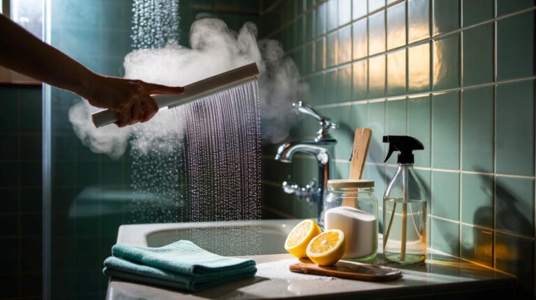 Illustration de la méthode de nettoyage d’une salle de bain sans détergent avec bicarbonate, vinaigre blanc, citron, vapeur, raclette et microfibre