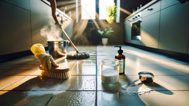 Illustration de nettoyage et blanchiment du carrelage avec un mélange naturel sans eau de javel (percarbonate, bicarbonate, savon noir)