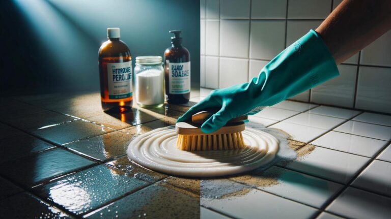 Illustration de [un mélange de peroxyde d’hydrogène 3 %, bicarbonate de soude et savon noir éliminant moisissures et bactéries sur des joints de carrelage, sans eau de javel]