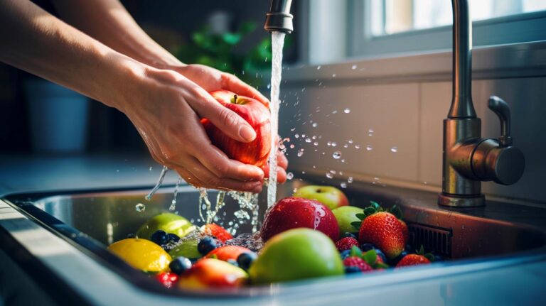 Illustration de fruits en cours de rinçage à l’eau froide sous un filet, frottés à la main pour un nettoyage sûr et sans produit chimique