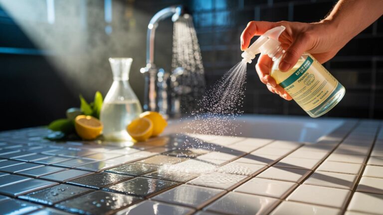 Illustration de la pulvérisation d’un mélange eau chaude, vinaigre et citron sur des joints de douche pour les nettoyer sans frotter en 5 minutes