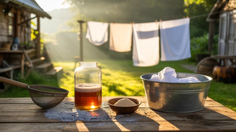 Illustration de la lessive de cendre et du séchage au soleil pour blanchir le linge naturellement, sans machine