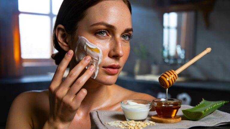 Illustration d’un masque naturel au yaourt et au miel appliqué sur le visage pour un éclat immédiat sans maquillage