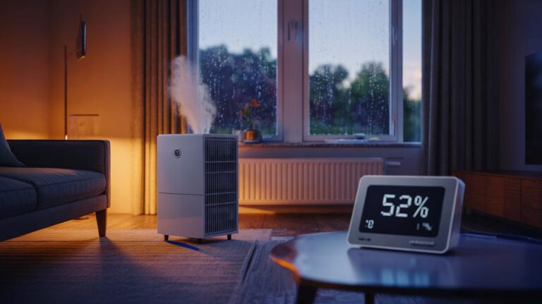 Illustration de la méthode douce pour chasser l’humidité sans ouvrir les fenêtres, avec un déshumidificateur à condensation, un hygromètre à 50–55 % d’humidité relative et un chauffage discret dans un salon aux fenêtres fermées.