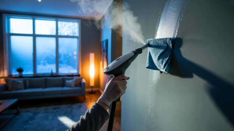 Illustration de [un nettoyage de mur à la microfibre et à la vapeur, sans produit chimique, pendant l’hiver]