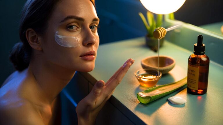 Illustration de soin visage maison sans produits chimiques au miel, gel d’aloe vera et huile de jojoba, appliqué le soir pour redonner de l’éclat à la peau au réveil