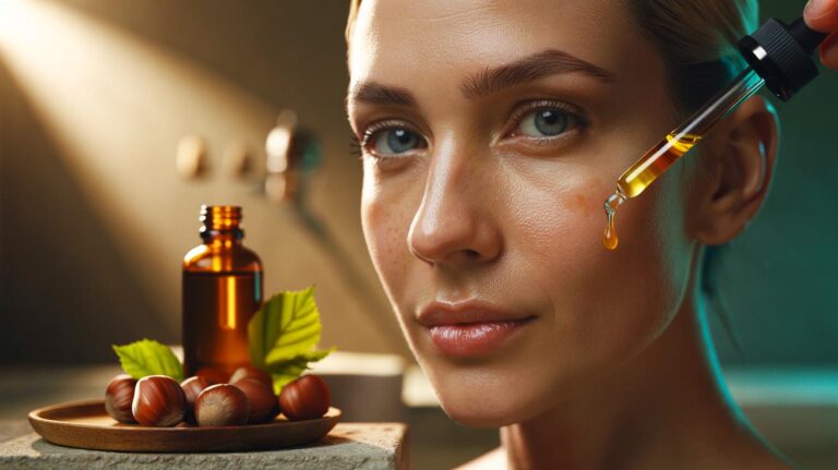 Illustration de l’huile de noisette appliquée sur le visage pour rajeunir la peau et resserrer naturellement les pores, sans produits chimiques