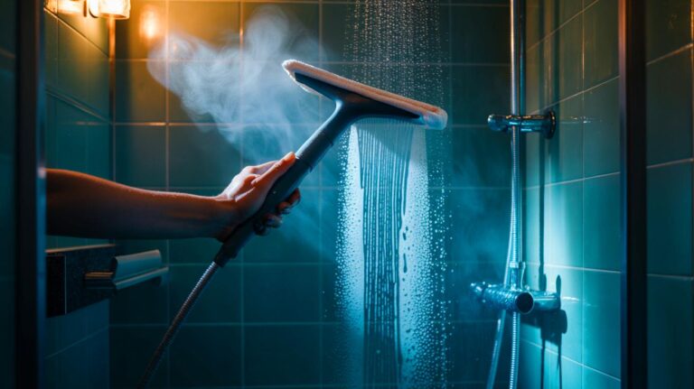 Illustration de [un nettoyage à la vapeur sèche avec microfibre et raclette sur une paroi de douche pour éliminer les traces de calcaire en un passage, sans produits chimiques]