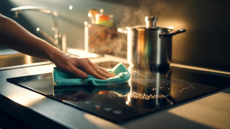 Illustration de [une main qui nettoie une plaque de cuisson avec une microfibre humide et de la vapeur, sans produits ménagers]