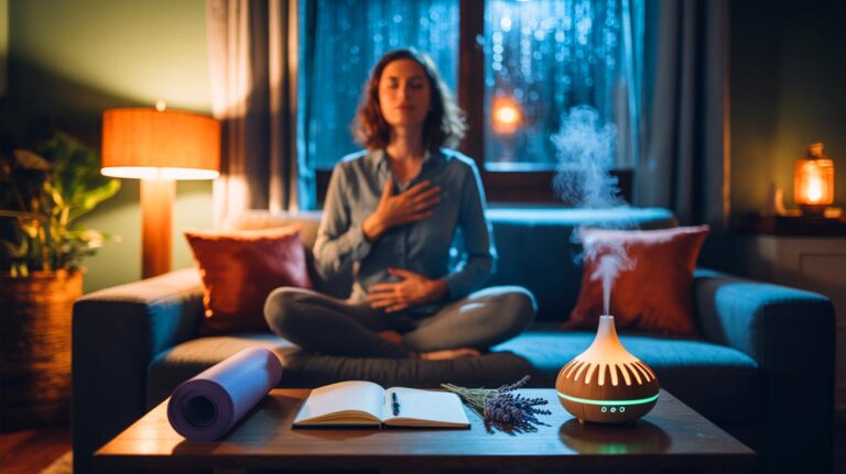 Illustration de routine du soir de 10 minutes sans médicament pour apaiser le mental, mêlant respiration cohérente, décharge mentale écrite et étirements lents, sous une lumière tamisée
