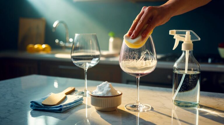Illustration de la méthode sans vinaigre ni citron pour redonner de l’éclat à des verres ternis avec une pâte bicarbonate et argile blanche
