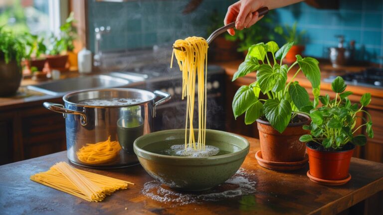 Illustration de la transformation de l'eau de cuisson des pâtes en engrais naturel pour plantes (généré par IA). Credit: Ideogram.