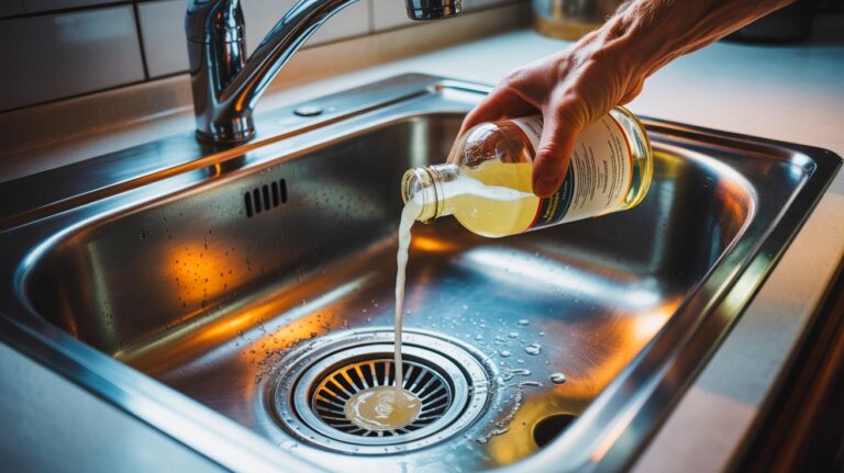 Illustration de [versement de vinaigre blanc chaud dans la bonde d’un évier pour éliminer les mauvaises odeurs de canalisation avec un seul ingrédient]